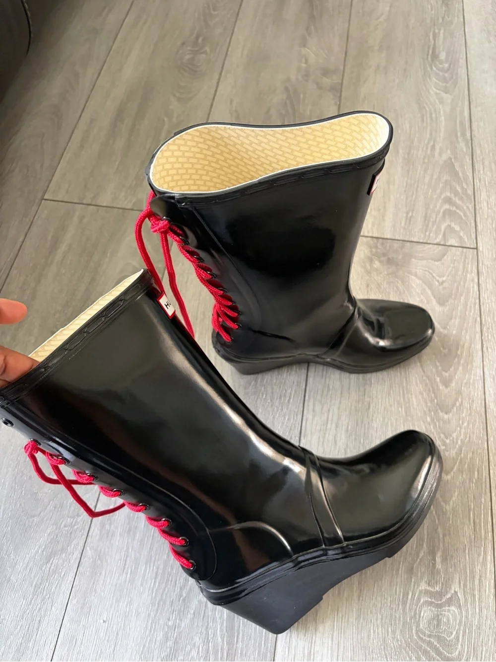 Hunter Black Wedge Rain Boots with Red Lace Detail